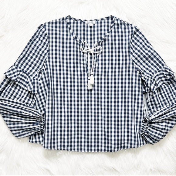 Splendid Navy Gingham Check Ruffled Tie Neck Navy White Long Sleeve Peasant Top - Picture 7 of 10
